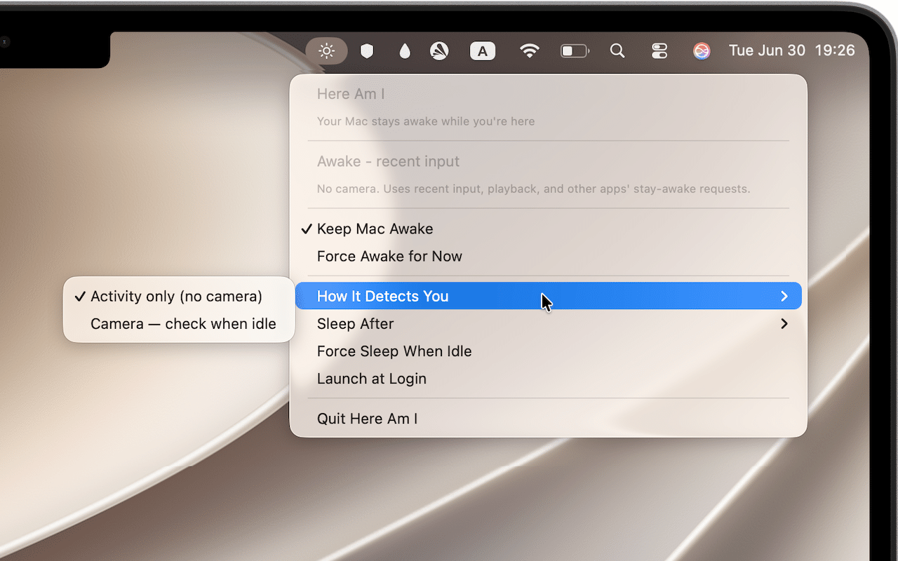 Here Am I menu bar keep-awake controls